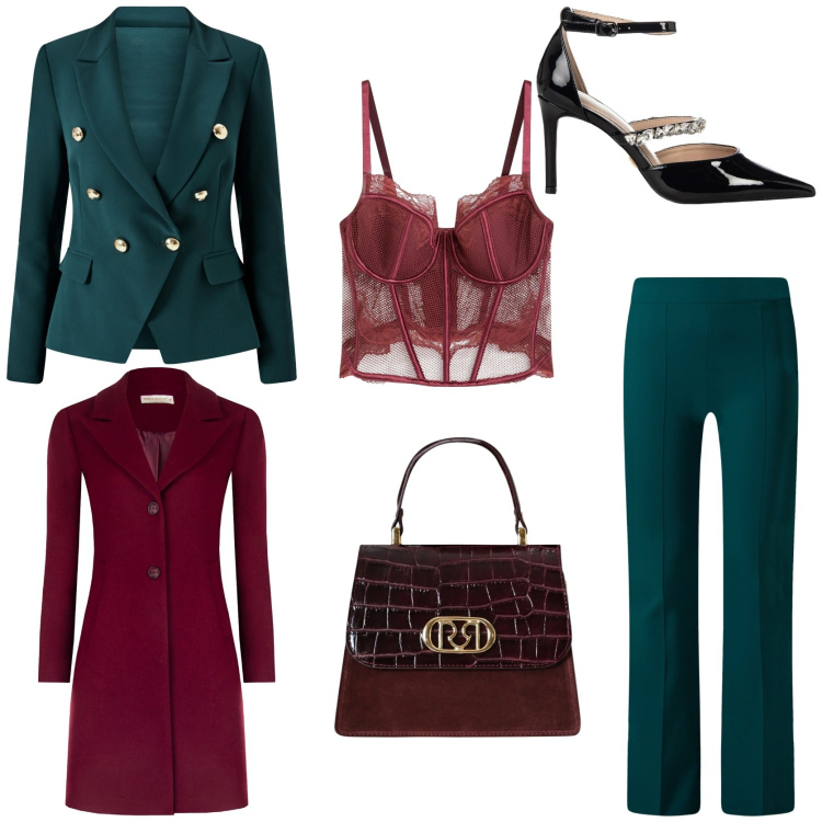 Outfit donna - Buon Natale. Stile Chic per Serata fuori. Abbinamento con bralette, borse a mano, pantaloni a palazzo, cappotti, décolleté, blazer.