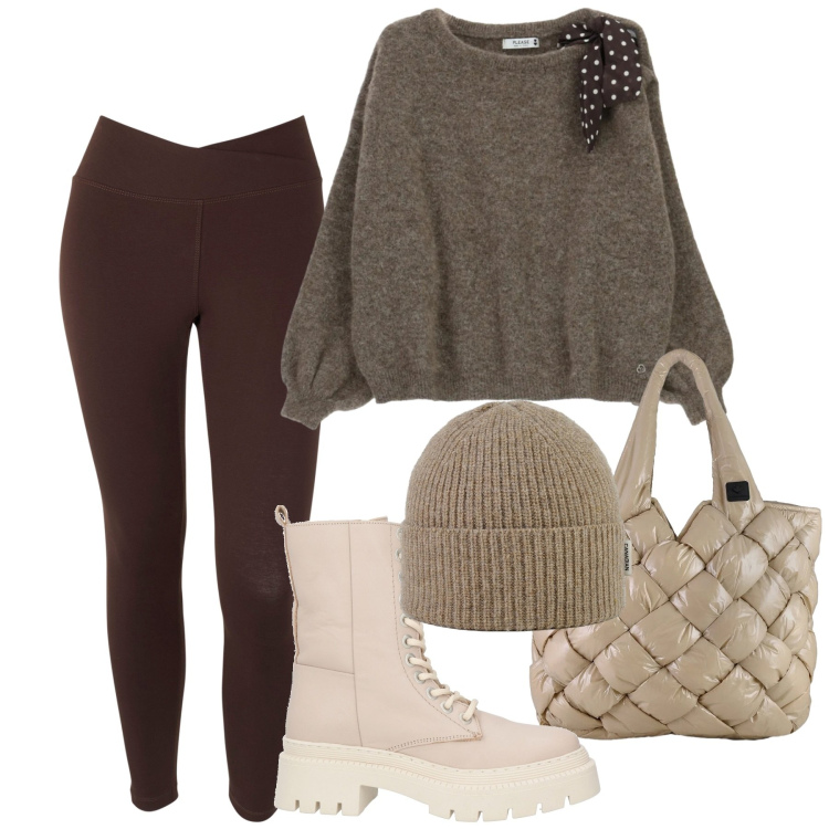 Outfit donna - Relax dopo la festa. Stile Sporty chic per Tutti i giorni. Abbinamento con stivaletti, maglieria, leggings, borse tote, berretti.