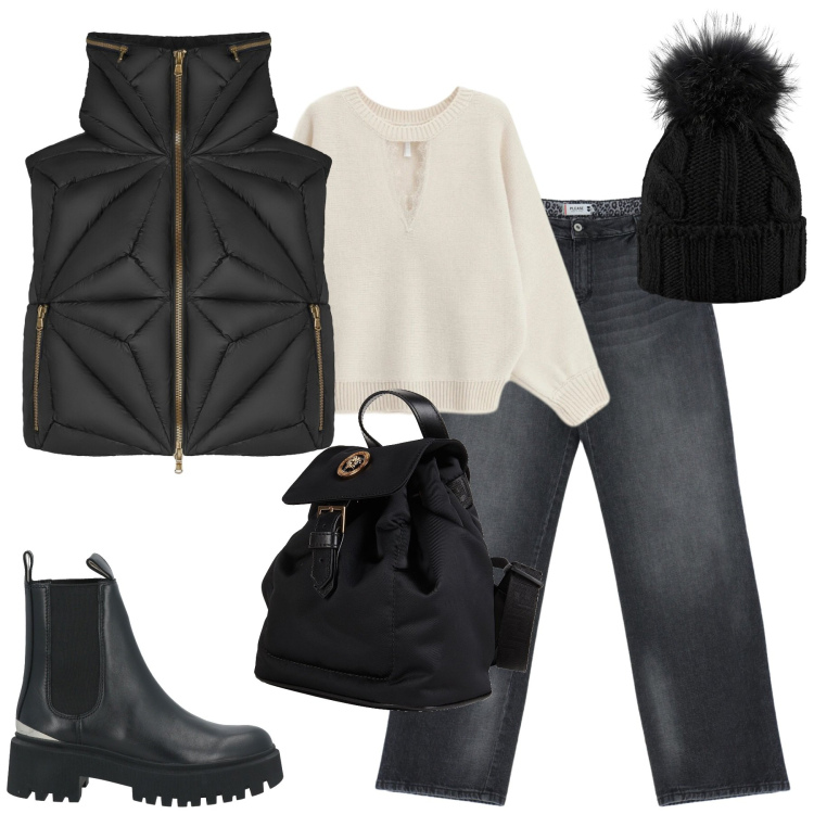 Outfit donna - City. Stile Casual chic per Tutti i giorni. Abbinamento con zaini, stivaletti, jeans, maglieria, berretti, gilet.
