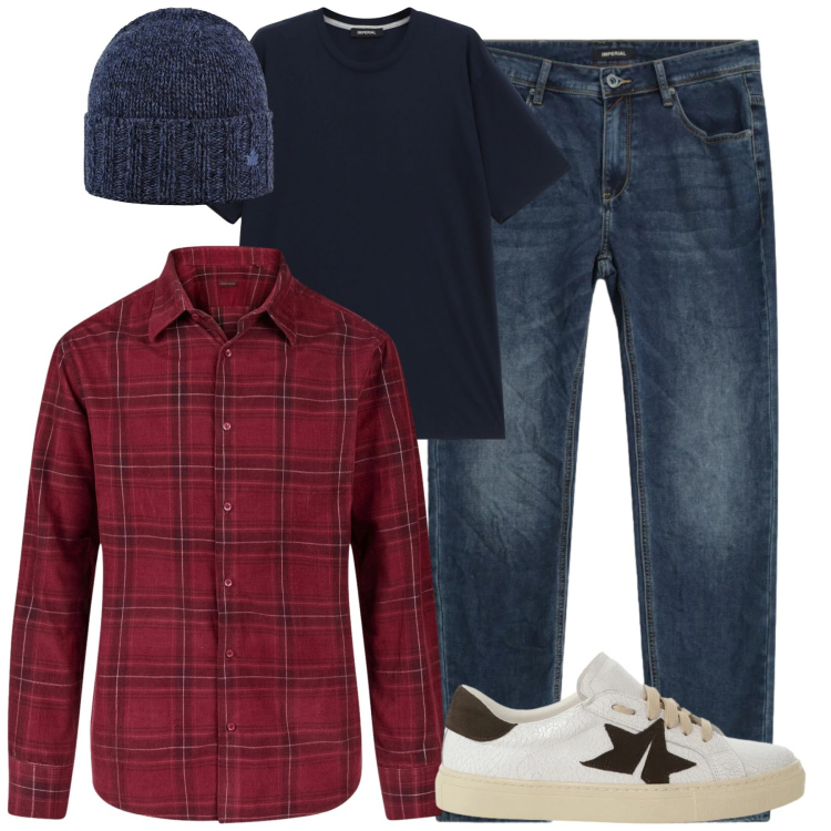 Outfit uomo - Dicembre in famiglia. Stile Casual per Tutti i giorni. Abbinamento con t-shirt, jeans slim fit, sneakers, cappelli, camicie.