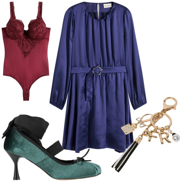 Outfit donna - Qualcosa di rosso. Stile Chic per Serata fuori. Abbinamento con vestiti corti, body, décolleté, portachiavi.