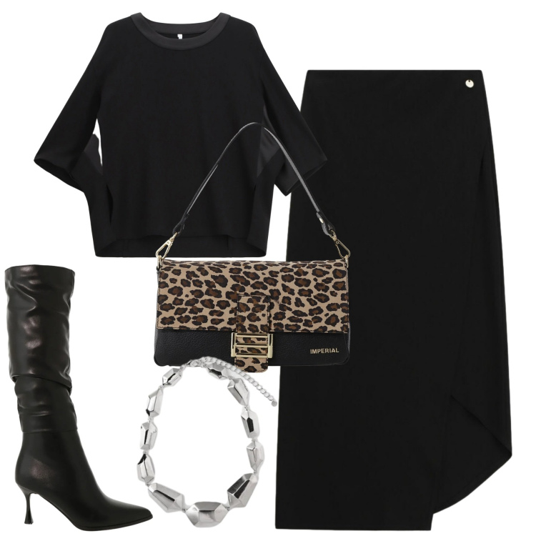 Outfit donna - Dicembre. Stile Trendy per Tutti i giorni. Abbinamento con gonne lunghe, felpe, borse a spalla, stivali sopra il ginocchio, ciondoli.