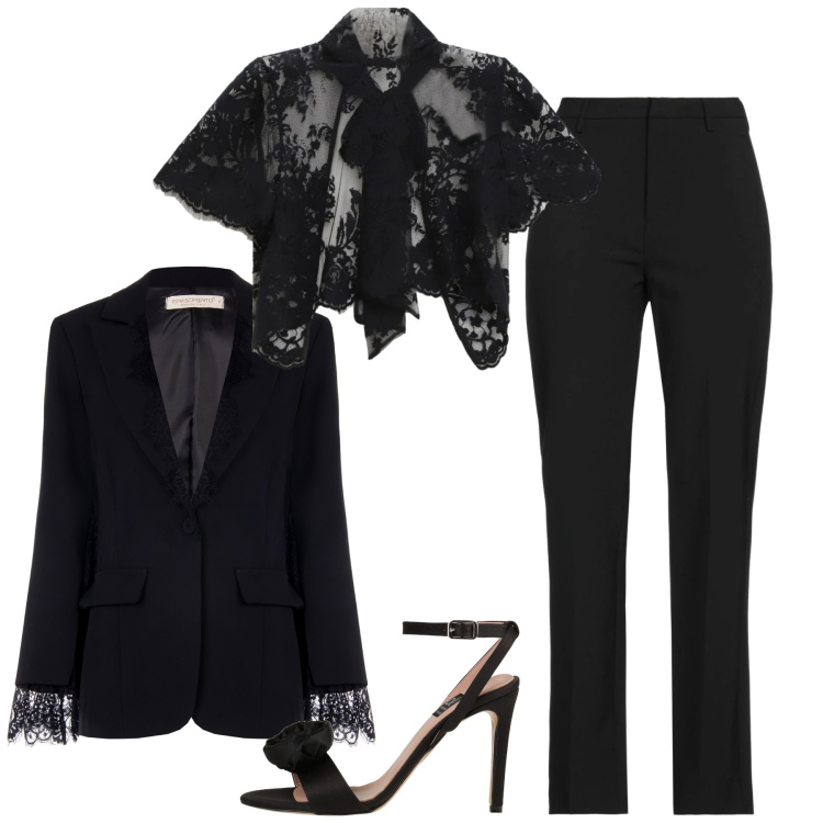 Outfit donna - Serata. Stile Chic per Serata fuori. Abbinamento con pantaloni, sandali col tacco, blazer, top.