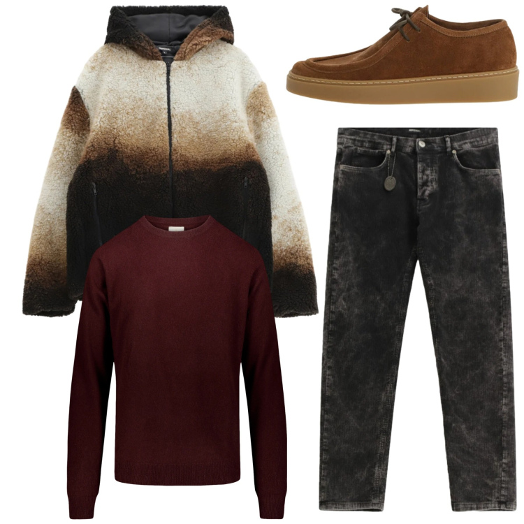 Outfit uomo - Total look. Stile Casual per Tutti i giorni. Abbinamento con giacche, pantaloni, scarpe stringate, maglieria.