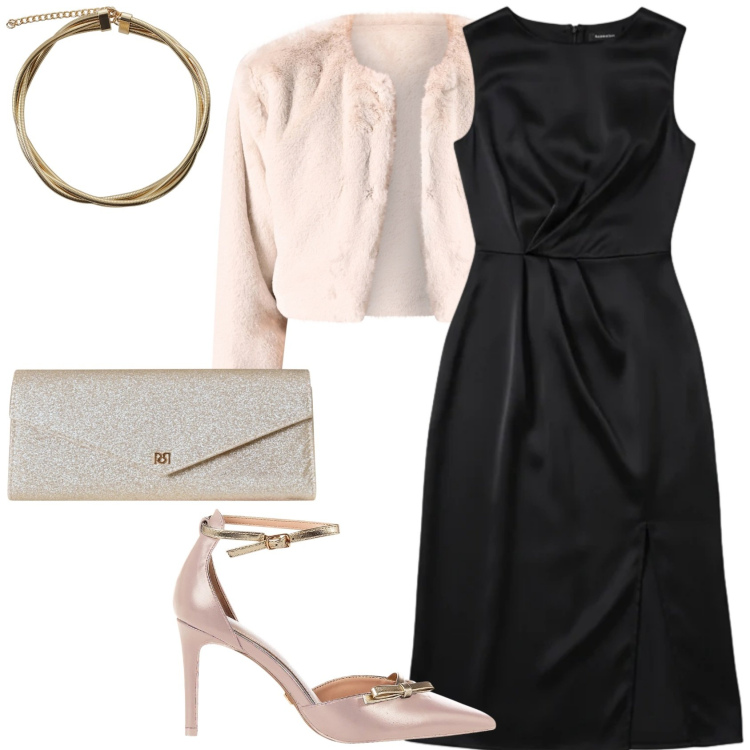 Outfit donna - Toni dorati per il 31!. Stile Chic per Serata fuori. Abbinamento con vestiti midi/longuette, décolleté, bolero, pochette, collane.