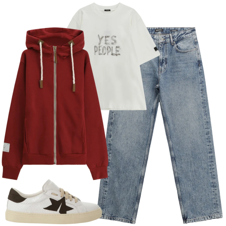 Outfit uomo - Dicembre casual. Stile Casual per Tutti i giorni. Abbinamento con jeans dritti, t-shirt, felpe con cappuccio, sneakers.