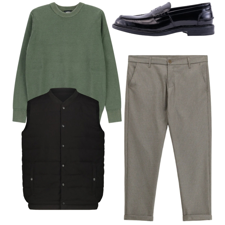 Outfit uomo - Total look. Stile Casual per Tutti i giorni. Abbinamento con pantaloni, pullovers, piumini, scarpe stringate.