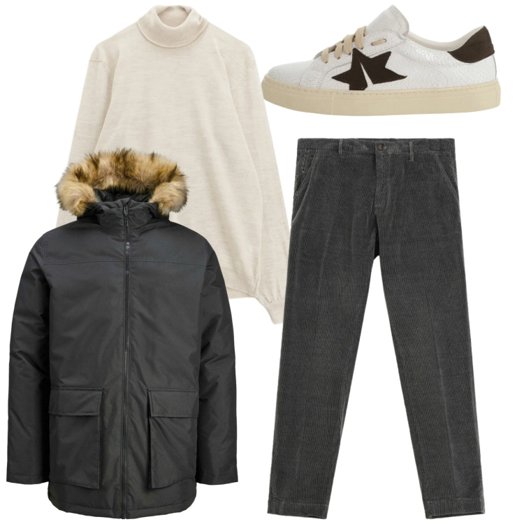 Outfit uomo - Total look. Stile Casual per Tutti i giorni. Abbinamento con parka, maglieria, pantaloni chino, sneakers.