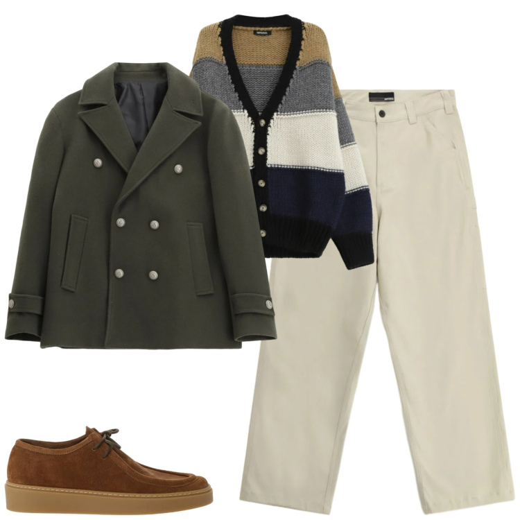 Outfit uomo - In città. Stile Urban per Tutti i giorni. Abbinamento con cappotti, pantaloni, scarpe stringate, cardigans.