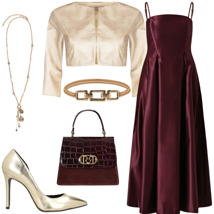 Outfit donna - Toni dorati e bordeaux. Stile Chic per Cerimonia. Abbinamento con décolleté, vestiti lunghi, bolero, cinture, borse a mano, ciondoli.