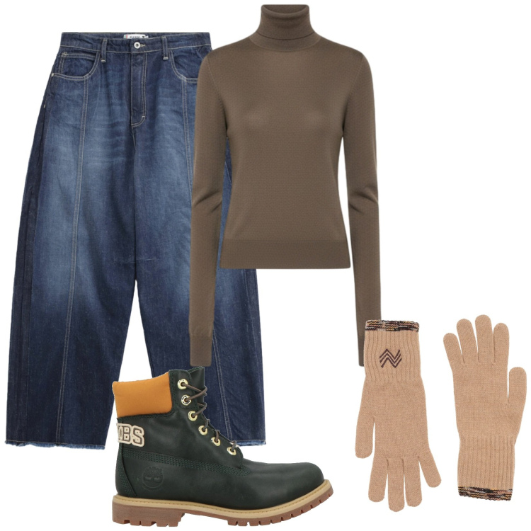 Outfit donna - Guanti marroni. Stile Casual per Tutti i giorni. Abbinamento con stivaletti, guanti, jeans, maglieria.