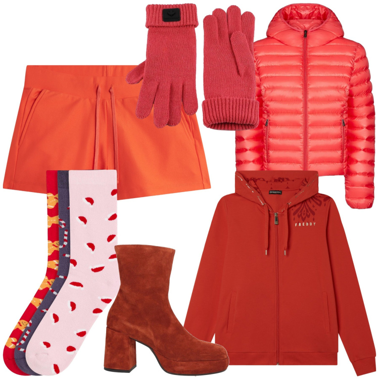 Outfit donna - Una spremuta di arancia. Stile Trendy per Tutti i giorni. Abbinamento con calzini, stivaletti, shorts, felpe con cappuccio, bomber, guanti.