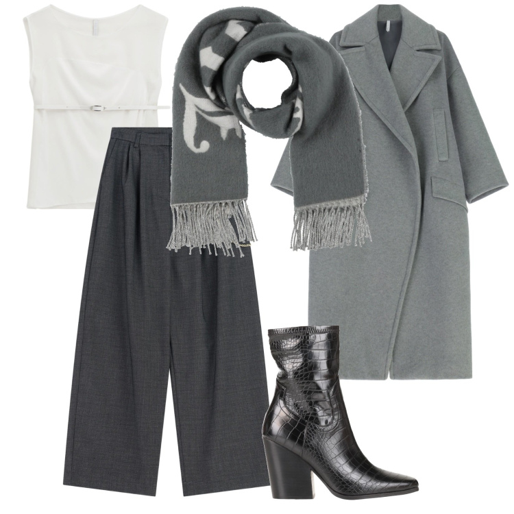 Outfit donna - Stivaletti in pelle animalier. Stile Chic per Ufficio. Abbinamento con stivaletti, sciarpe, top, pantaloni a palazzo, cappotti.