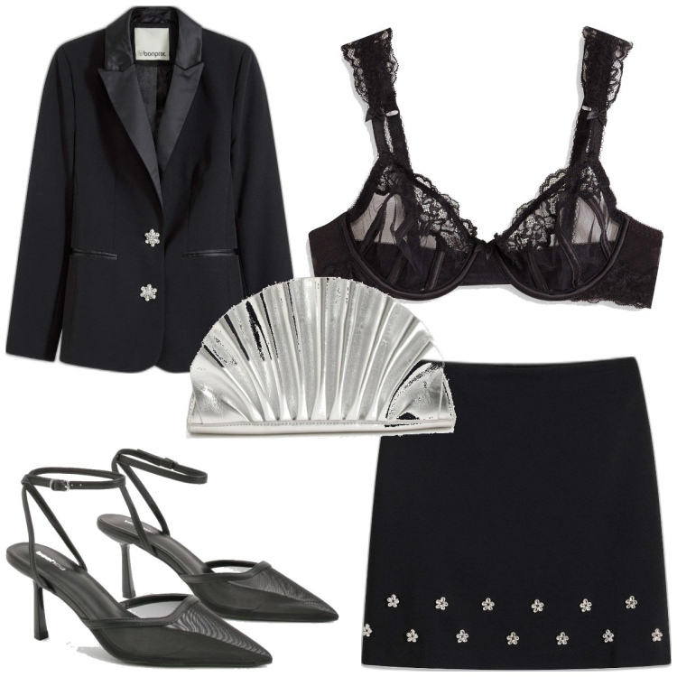 Outfit femme - Sensuelle 31. Style Sexy pour Soirée dehors. Assortir avec minijupes, blazers, soutiens-gorge, pochette, chaussures à talon.