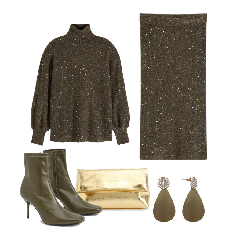 Outfit femme - Toute verte. Style Casual chic pour Soirée dehors. Assortir avec jupes, pulls, boucles d'oreilles, pochette, bottines.