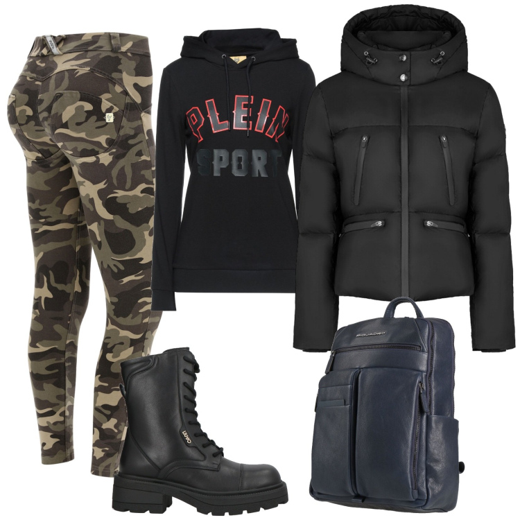 Outfit donna - Pantaloni mimetici. Stile Military per Tutti i giorni. Abbinamento con felpe con cappuccio, anfibi, zaini, pantaloni skinny, piumini.