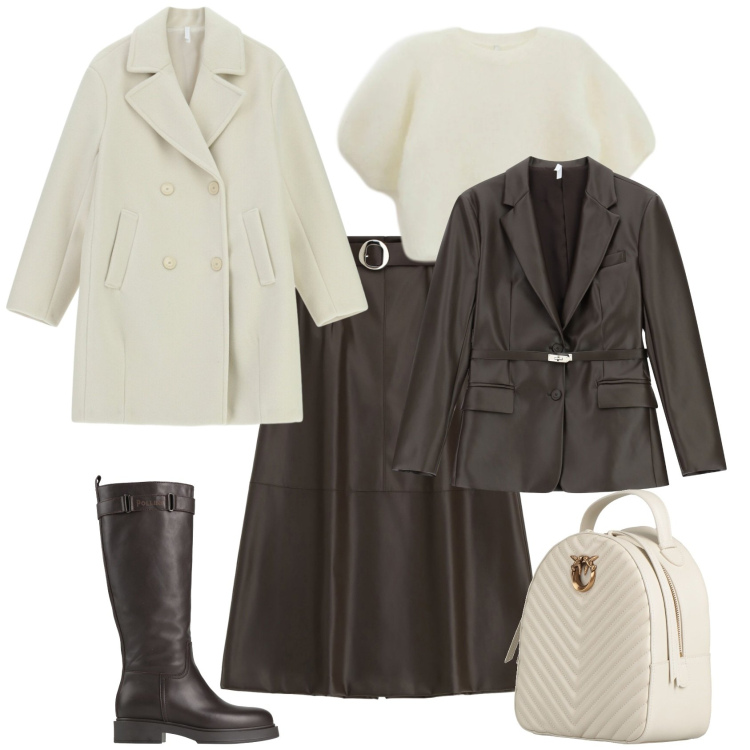 Outfit donna - Casual chic bianco e marrone. Stile Casual chic per Tutti i giorni. Abbinamento con zaini, stivali, gonne lunghe, t-shirt, blazer, cappotti.