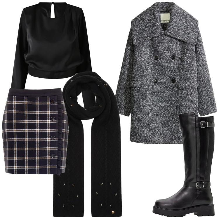 Outfit donna - Minigonna a quadri. Stile Chic per Serata fuori. Abbinamento con cappotti, stivali, minigonne, bluse, sciarpe.