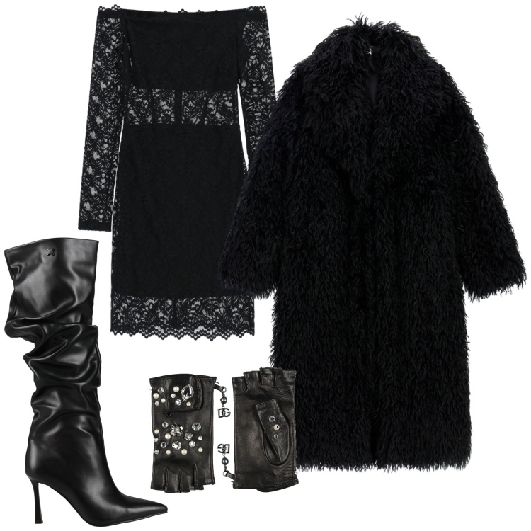 Outfit donna - Pelle e Pizzo. Stile Glamour per Serata fuori. Abbinamento con stivali, guanti, cappotti, vestiti corti.