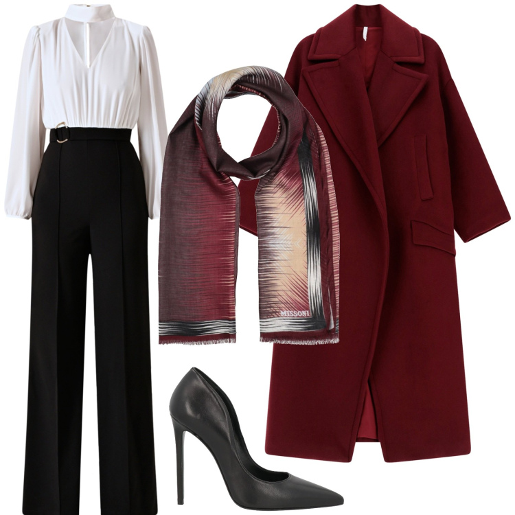 Outfit donna - Foulard a fantasia. Stile Chic per Cerimonia. Abbinamento con sciarpe, décolleté, tute, cappotti.