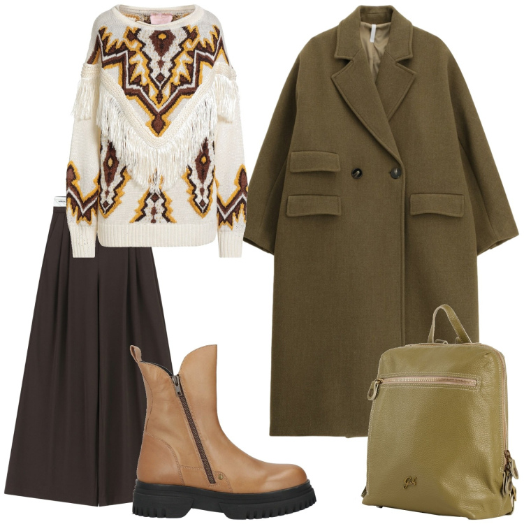 Outfit donna - Ma che freddo. per Tutti i giorni. Abbinamento con pullovers, stivaletti, zaini, cappotti, pantaloni a palazzo.