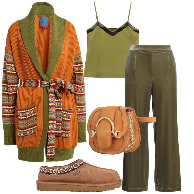 Outfit donna - Total look #2309653. Stile Etnico per Tutti i giorni. look ideale per Petite. Abbinamento con cardigans, marsupi, pantaloni, stivaletti, top.