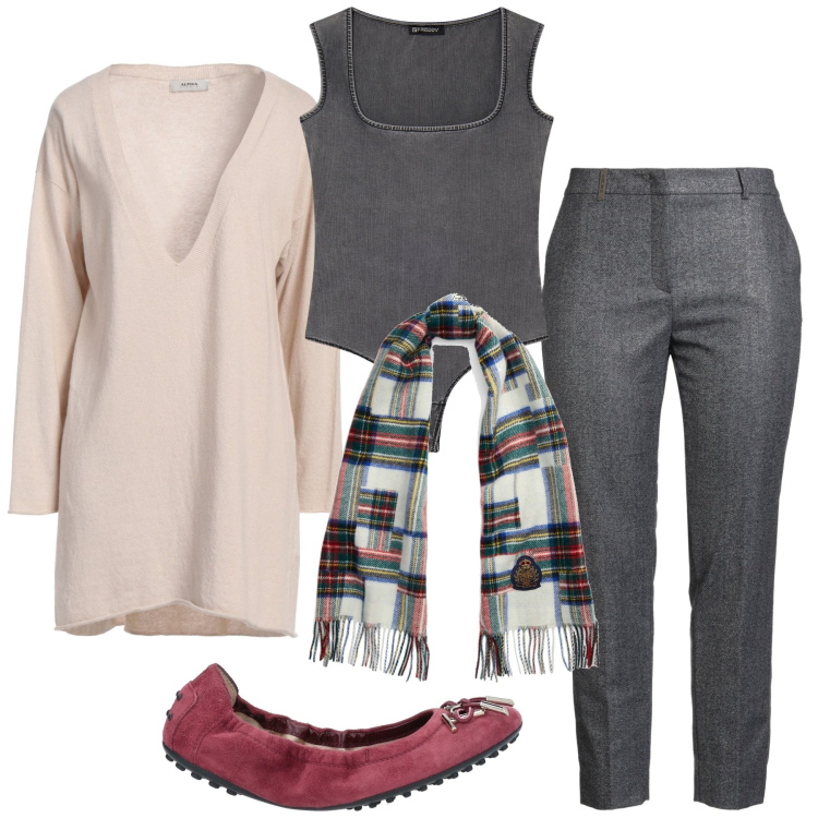 Outfit donna - Total look #2309654. Stile Minimal per Ufficio. Abbinamento con sciarpe, pullovers, pantaloni, ballerine, body.