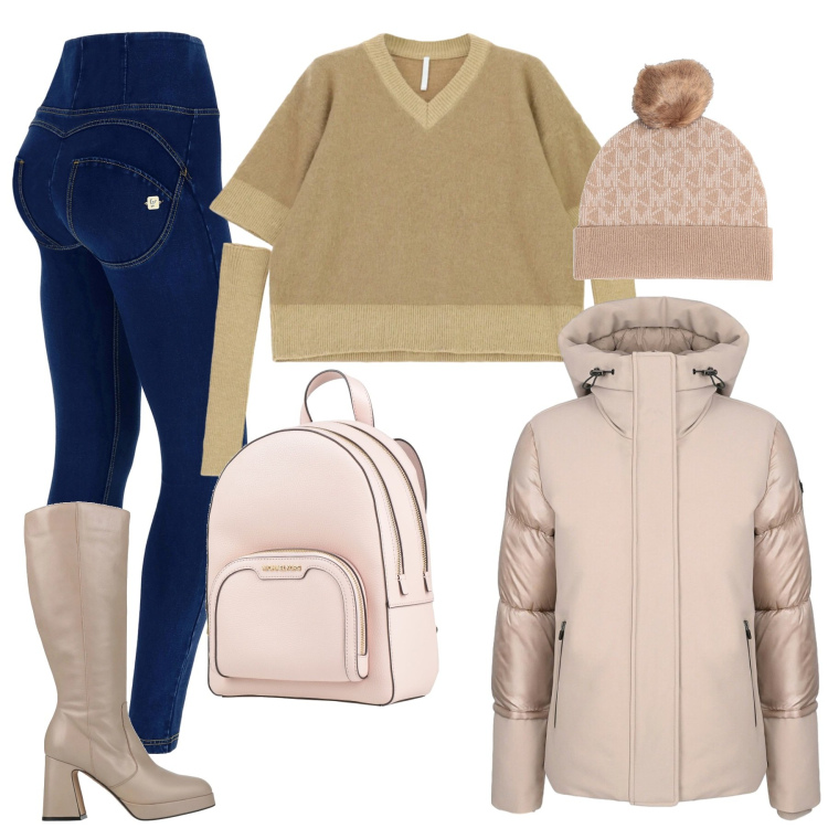 Outfit donna - Total look #2309656. Stile Casual per Tutti i giorni. Abbinamento con cappelli, zaini, stivali, maglieria, jeggings, cappotti.