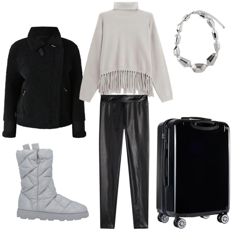 Outfit donna - Regalati un outfit… per farti un viaggio. Stile Casual chic per Tutti i giorni. Abbinamento con stivaletti, maglieria, ecopellicce, treggings, valigie, ciondoli.