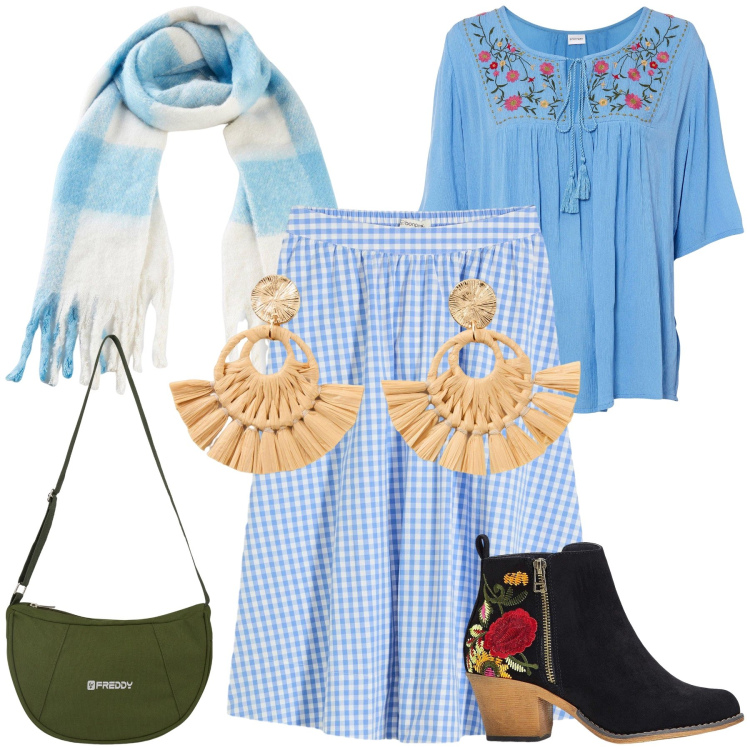Outfit donna - Boho invernale. Stile Boho per Tutti i giorni. Abbinamento con stivaletti, tuniche, gonne longuette, orecchini, foulard, borse a spalla.