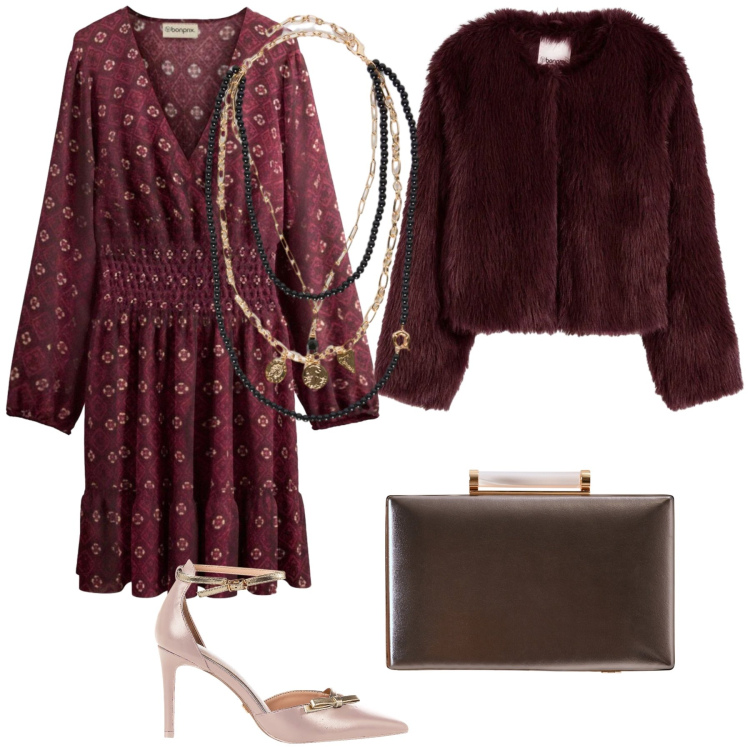 Outfit donna - Cerimonia di gennaio. Stile Glamour per Cerimonia. Abbinamento con vestiti corti, ecopellicce, décolleté, clutch, collane.