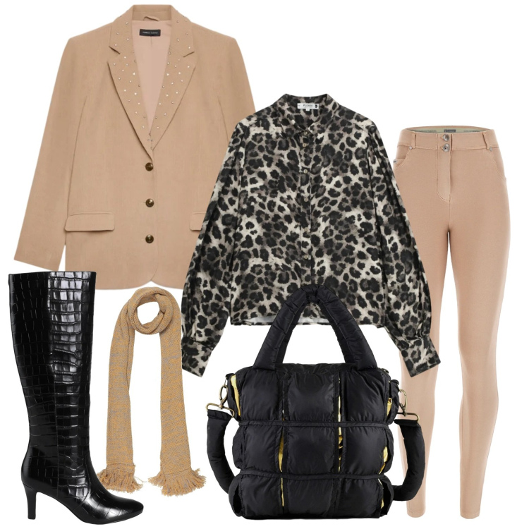 Outfit donna - Dinamica. Stile Minimal per Tutti i giorni. Abbinamento con stivali, sciarpe, camicie, pantaloni skinny, borse a mano, blazer.