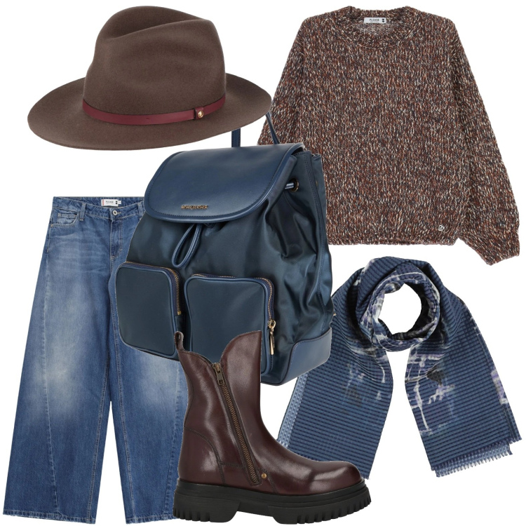 Outfit donna - Lo zaino raffinato. Stile Minimal per Tutti i giorni. Abbinamento con cappelli, stivaletti, zaini, sciarpe, maglieria, jeans.