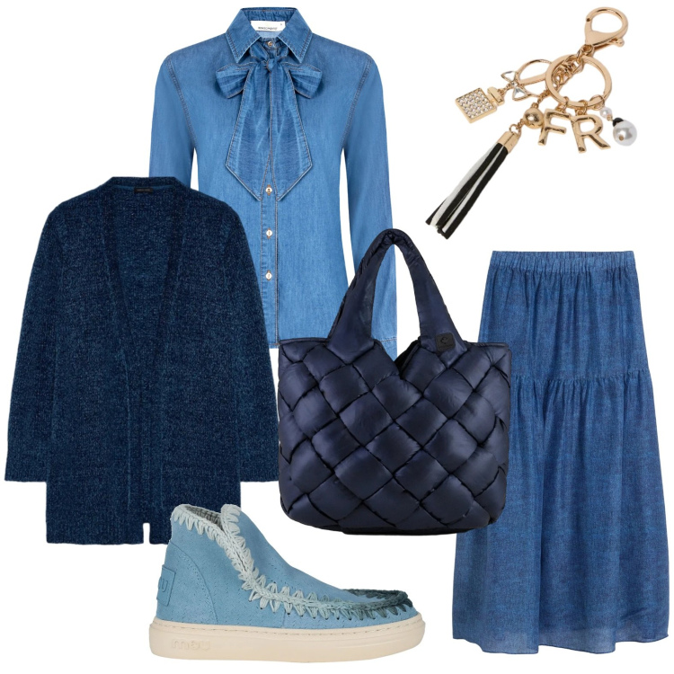Outfit donna - Denim 4 stagioni. Stile Trendy per Tutti i giorni. Abbinamento con gonne lunghe, stivaletti, camicie, borse tote, cardigans, portachiavi.