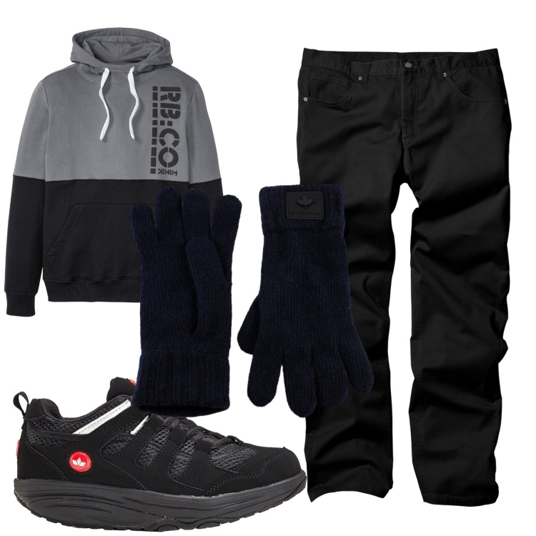 Outfit uomo - Total look #2309698. Stile Casual per Tutti i giorni. Abbinamento con pantaloni, felpe con cappuccio, sneakers, guanti.