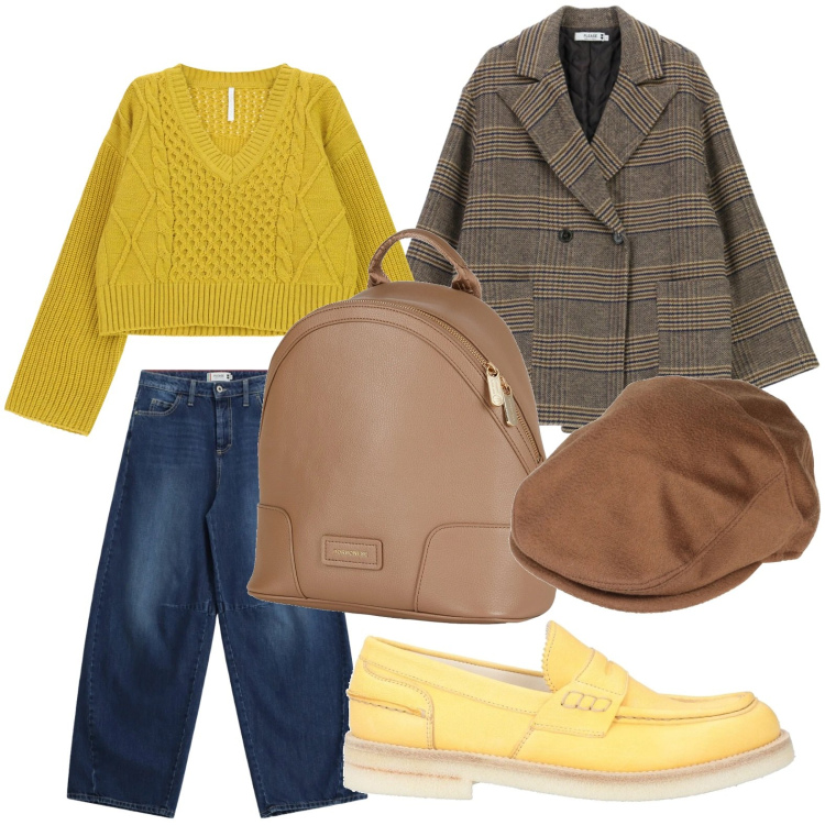 Outfit donna - Silhouette fluida. Stile Minimal per Ufficio. Abbinamento con cappelli, zaini, mocassini, jeans, cappotti, maglieria.