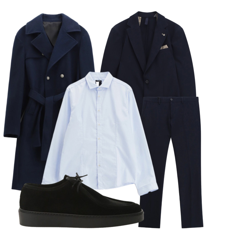 Outfit uomo - Total look #2309701. Stile Business/Elegante per Cerimonia. Abbinamento con cappotti, pantaloni, giacche, camicie, scarpe stringate.