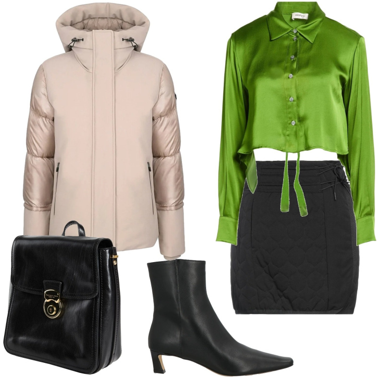 Outfit donna - La camicia verde prato. Stile Minimal per Ufficio. Abbinamento con minigonne, stivaletti, zaini, camicie, cappotti.