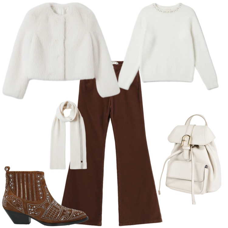 Outfit donna - Trendy serata speciale. Stile Trendy per Serata fuori. Abbinamento con stivaletti, zaini, pantaloni, ecopellicce, sciarpe, maglieria.