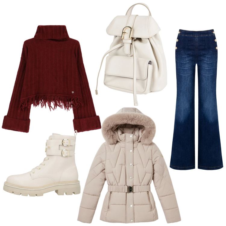 Outfit donna - Total look #2309709. Stile Casual per Tutti i giorni. Abbinamento con zaini, anfibi, maglieria, jeans, piumini.