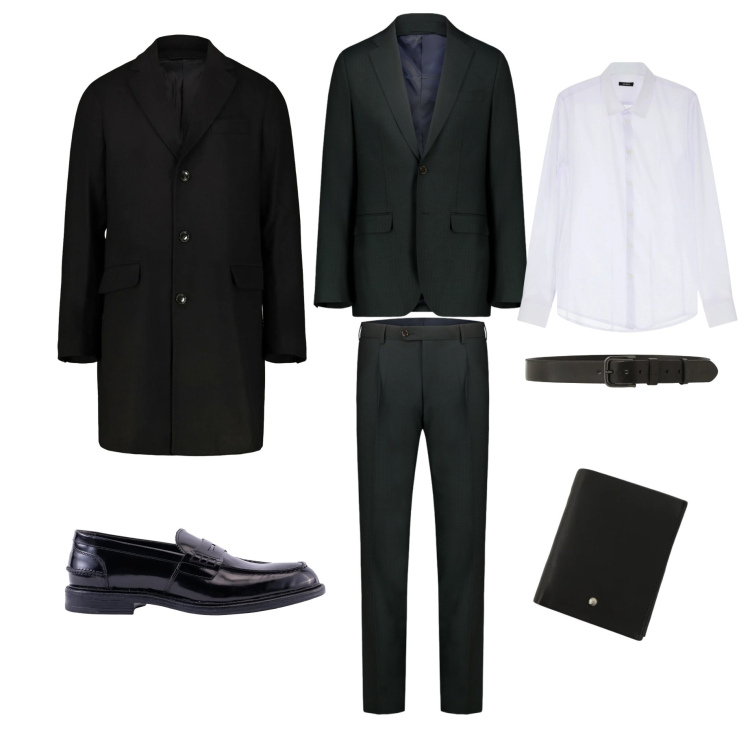 Outfit uomo - In nero il classico intramontabile. Stile Trendy per Cerimonia. Abbinamento con camicie, portafogli, cinture, scarpe stringate, cappotti, abiti.