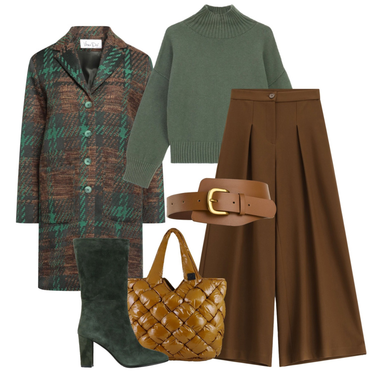 Outfit donna - Colori caldi. Stile Casual chic per Tutti i giorni. Abbinamento con cinture, cappotti, stivaletti, pantaloni a palazzo, maglieria, borse tote.