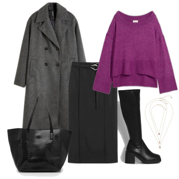 Outfit femme - Décembre. Style Glamour pour Tous les jours. Assortir avec pulls, jupes au genou, colliers, manteaux, bottes, sacs tote.