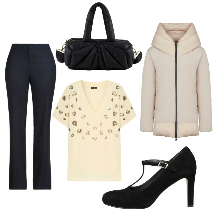 Outfit donna - Total look #2309727. Stile Casual chic per Serata fuori. Abbinamento con décolleté, pantaloni, piumini, borse a mano, t-shirt.