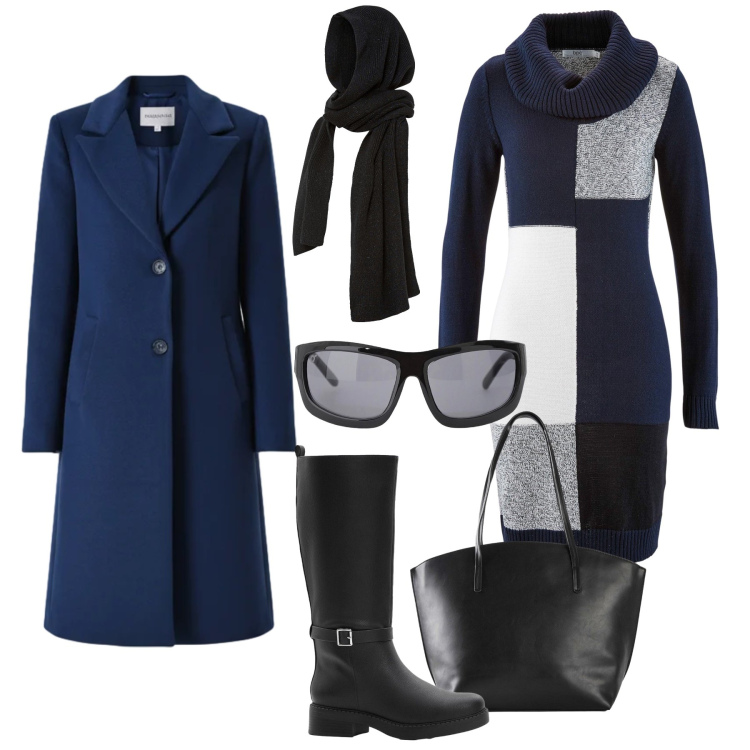 Outfit donna - Il cappottino blu. Stile Trendy per Tutti i giorni. Abbinamento con shopping bag, vestiti midi/longuette, sciarpe, stivali, cappotti, occhiali da sole.