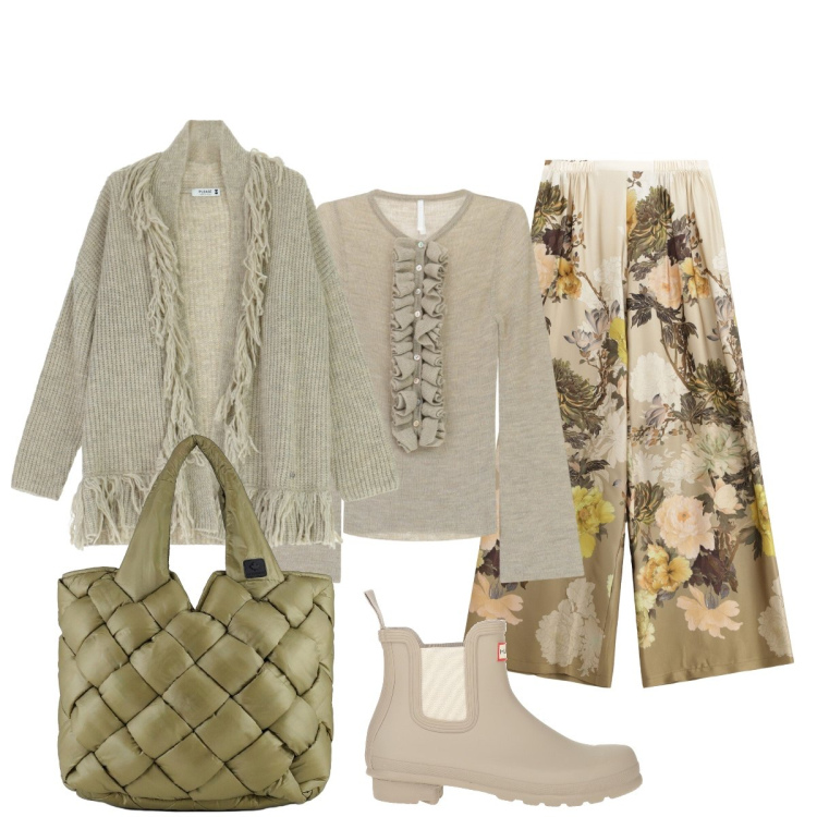 Outfit donna - Tinte sabbiose. Stile Minimal per Tutti i giorni. Abbinamento con stivaletti, cardigans, maglieria, pantaloni a palazzo, borse tote.