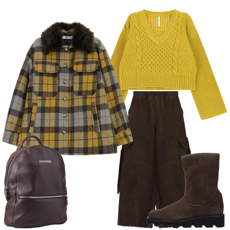 Outfit donna - Giallo e marrone. Stile Casual chic per Scuola/Università. Abbinamento con stivaletti, zaini, cappotti, maglieria, pantaloni a palazzo.