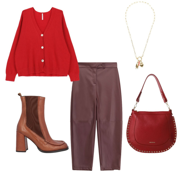 Outfit donna - Colori caldi. Stile Chic per Ufficio. Abbinamento con stivaletti chelsea, pantaloni, borse a spalla, cardigans, ciondoli.