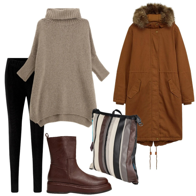 Outfit donna - Total look #2309743. Stile Urban per Tutti i giorni. Abbinamento con leggings, parka, zaini, stivaletti, maglieria.