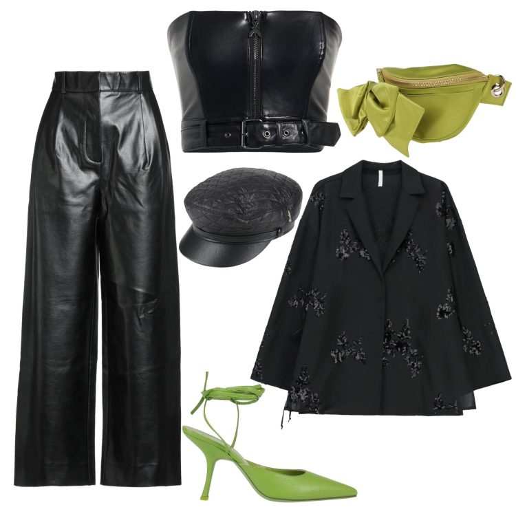 Outfit donna - Rock chic nero/lime. Stile Rock per Serata fuori. Abbinamento con marsupi, cappelli con visiera, top, pantaloni, décolleté, blazer.